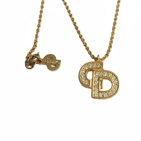 Christian Dior CD Logo Crystal Necklace Gold Tone Vintage Y2K - Picture 2 of 9
